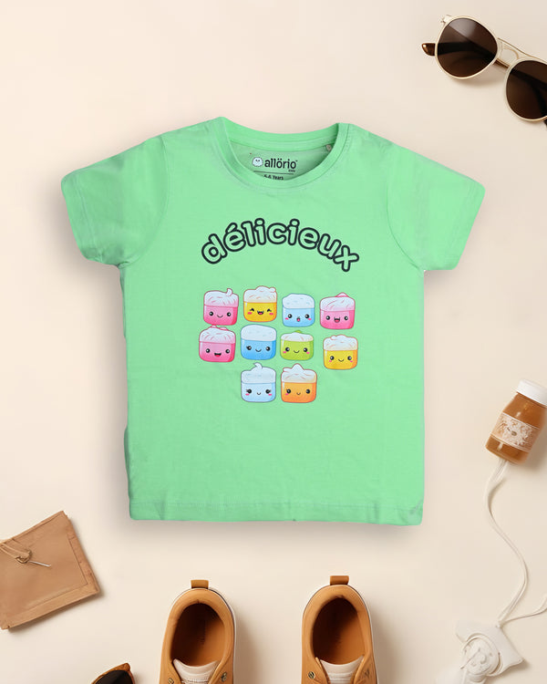 Macaron Print Premium Light Green T-Shirt For Girls