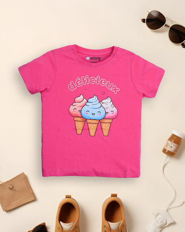 Icecream Print Premium Pink T-Shirt For Girls