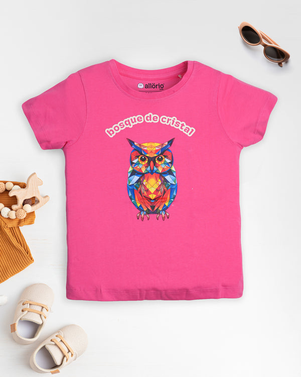 Owl Glass Print Premium Pink T-Shirt For Girls