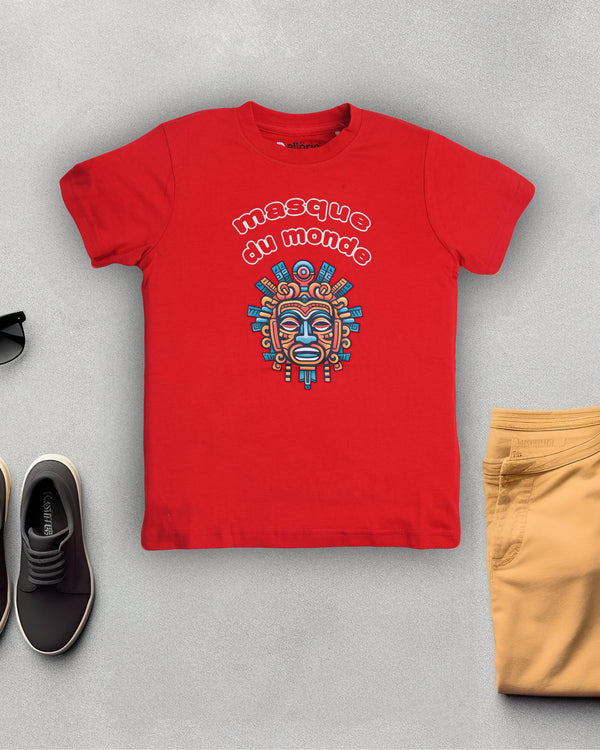 Mexico Ancient Mask Print Premium Red T-Shirt For Boys