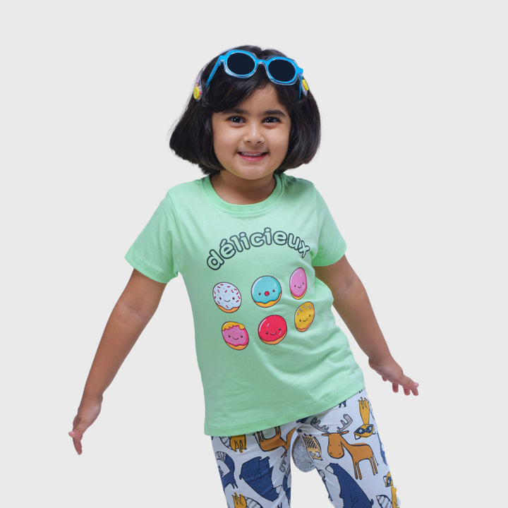 Donut Print Light Green T-Shirt for Girls