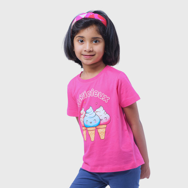 Icecream Print Pink T-Shirt for Girls